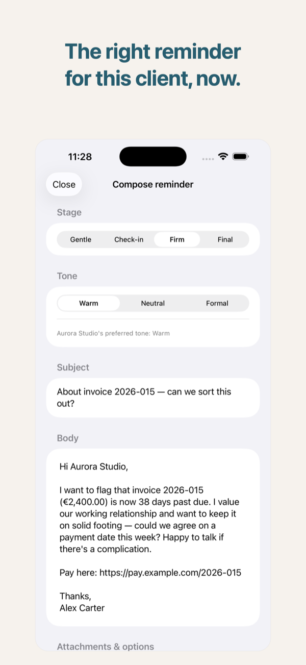 Reminder draft preview with tone selector before Mail hand-off.