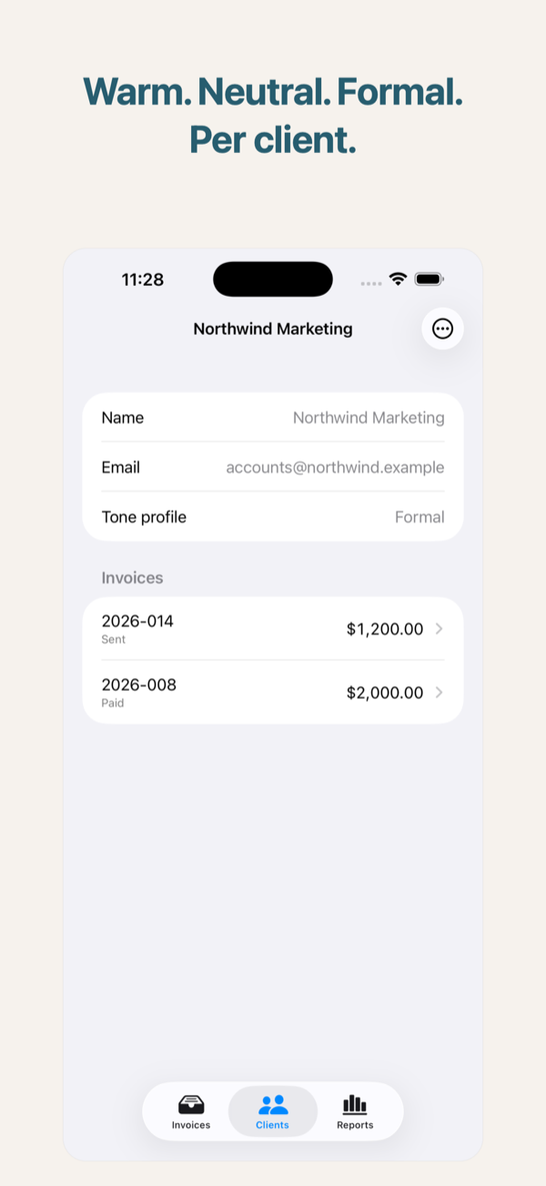 Per-client tone profile selection — warm, neutral, formal.